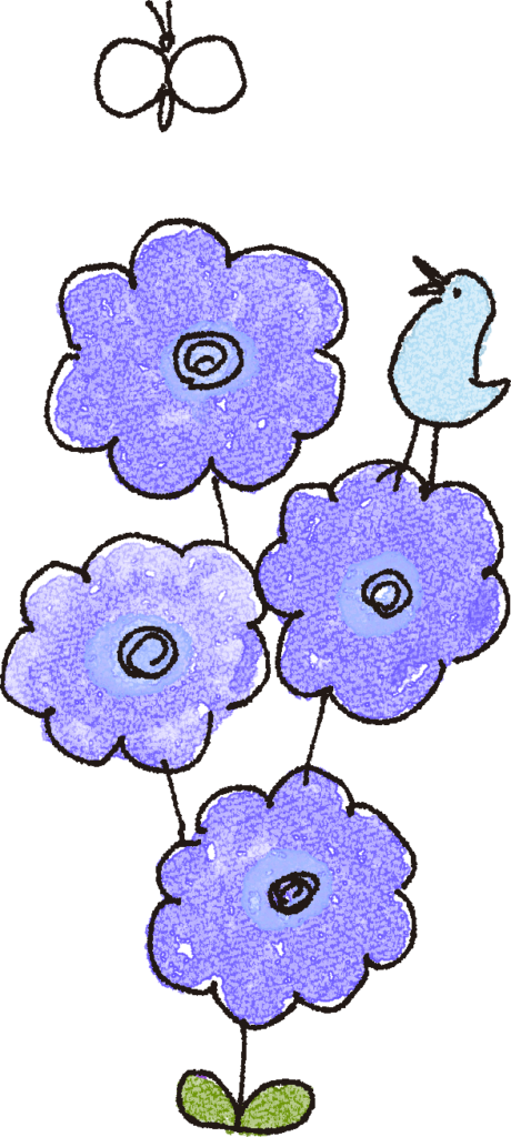 誕生日のフォトブックスタンプ素材：花・紫の花・蝶々・小鳥