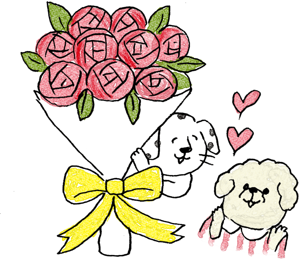 彼氏彼女・カップルのフォトブックスタンプ素材：花束・プレゼント・プロポーズ・サプライズ・犬
