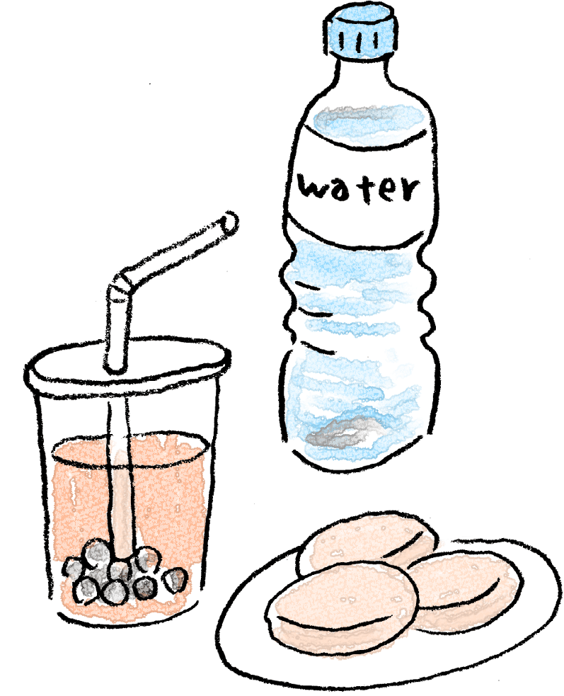 旅行のフォトブックスタンプ素材：ペットボトル・水・ミネラルウォーター・タピオカドリンク・クッキー・食事