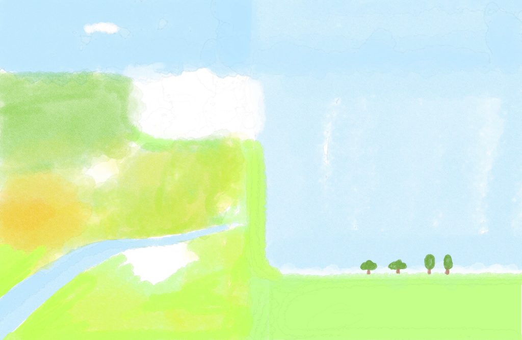 子供（男の子向け）のフォトブックスタンプ素材：背景・空・芝生・川