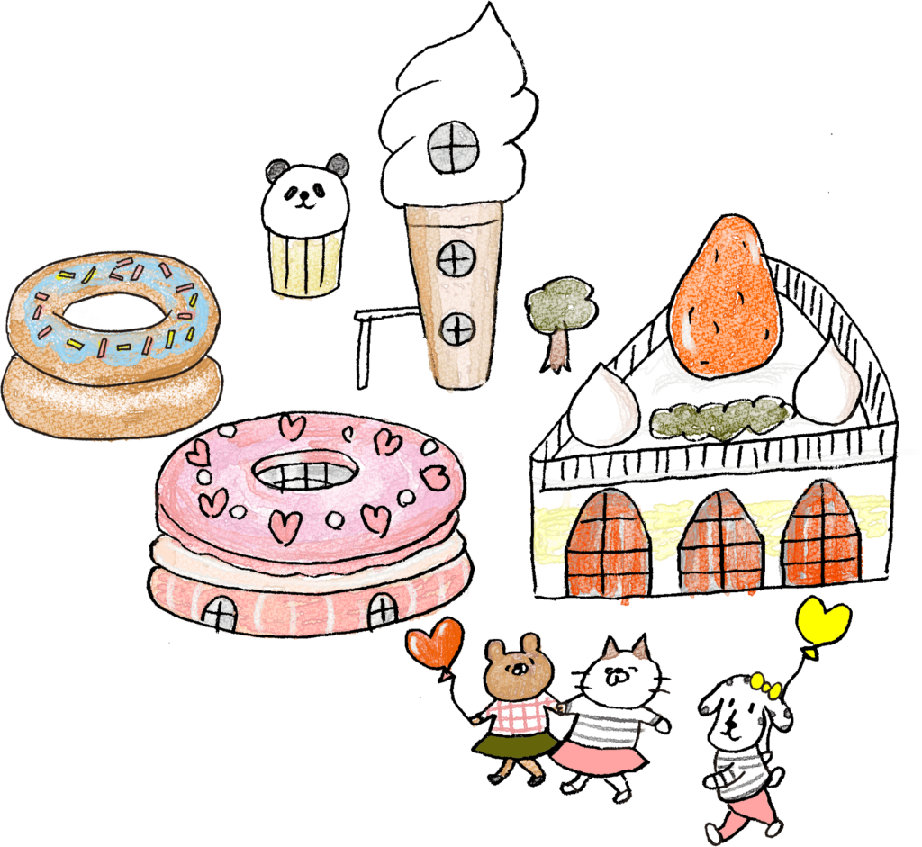 ケーキ・ソフトクリーム・ドーナツ・スイーツ・テーマパーク：子供（女の子向け）のフォトブックスタンプ素材