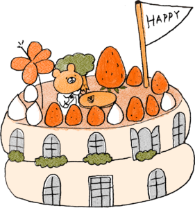 ケーキ・HAPPY・家・スイーツ・テーマパーク：子供（女の子向け）のフォトブックスタンプ素材